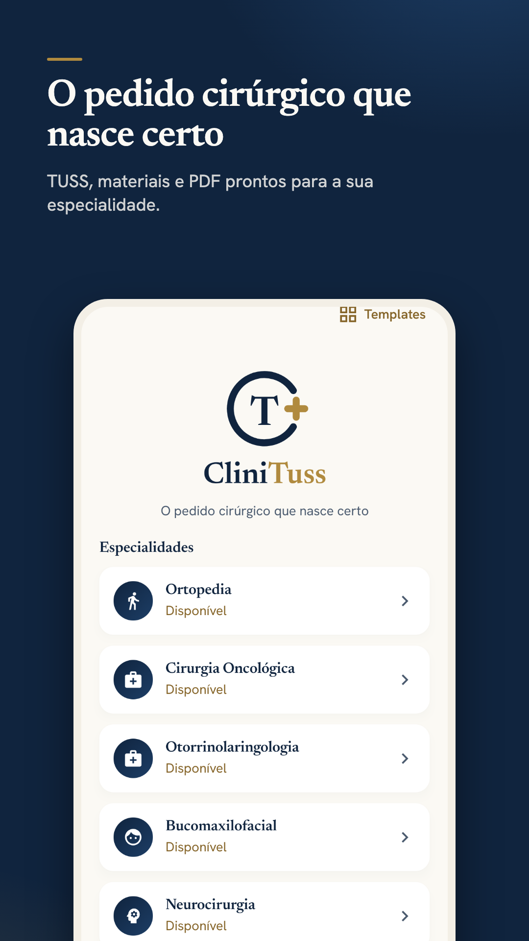 Tela inicial do CliniTuss com a lista de especialidades disponíveis