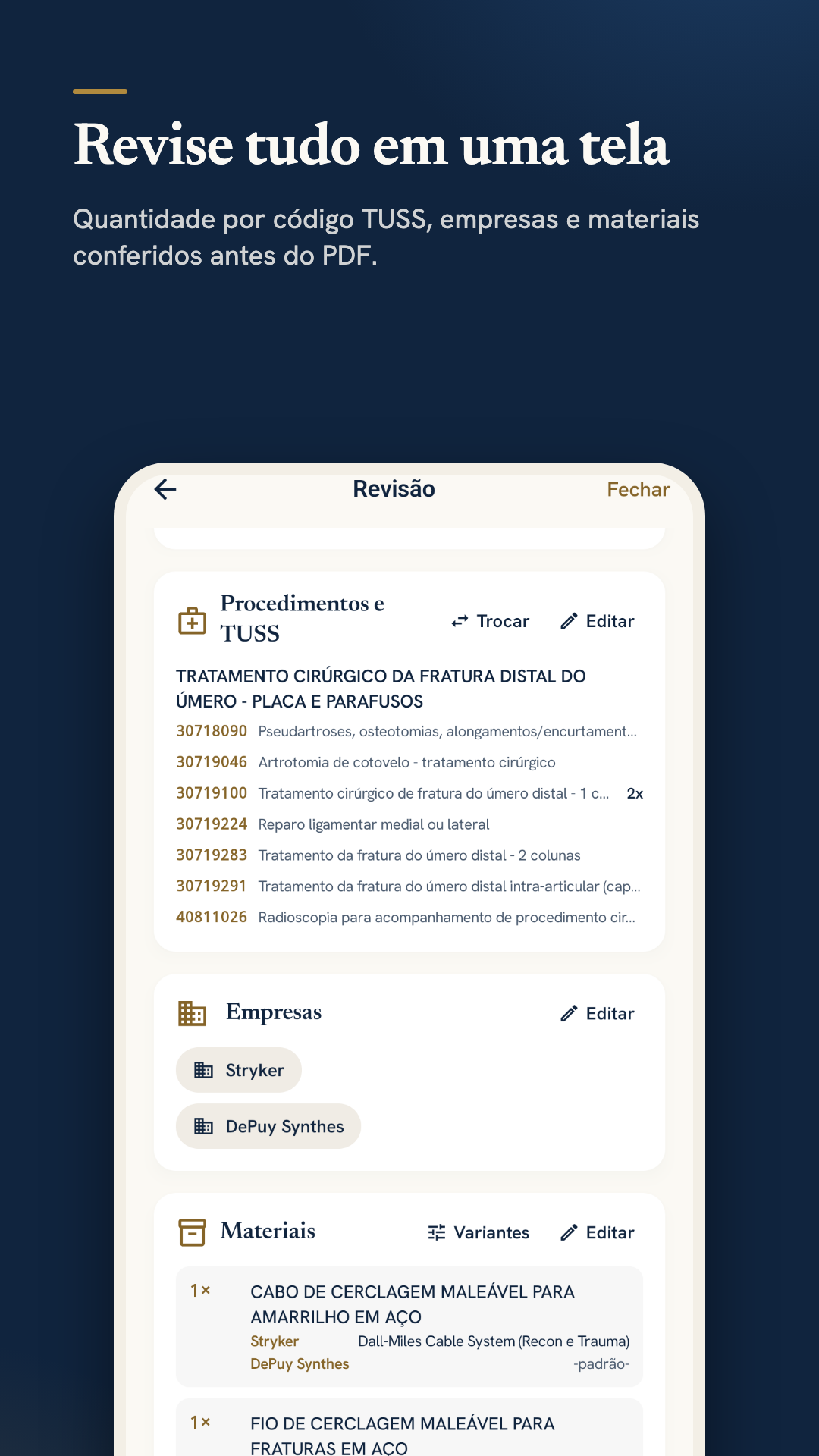 Tela de revisão com procedimentos, TUSS, empresas e materiais